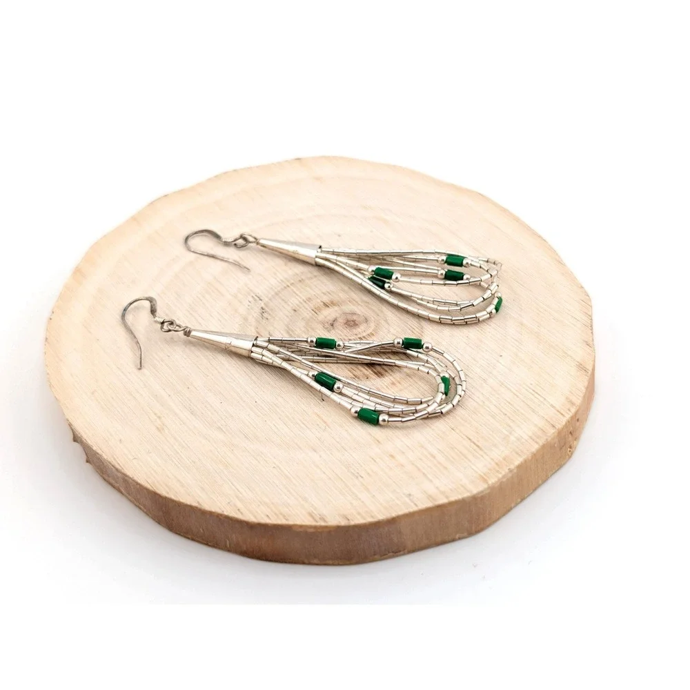 Navajo Silver &‎ Green Multi Strand Dangle Earrings | Southwestern Jewelry **